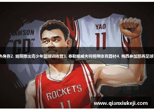 1. 乔丹投资NBA新赛季热身赛2. 姚明推出青少年篮球训练营3. 泰勒斯威夫特捐赠体育器材4. 梅西参加慈善足球赛5. 蔡徐坤接受体育训练